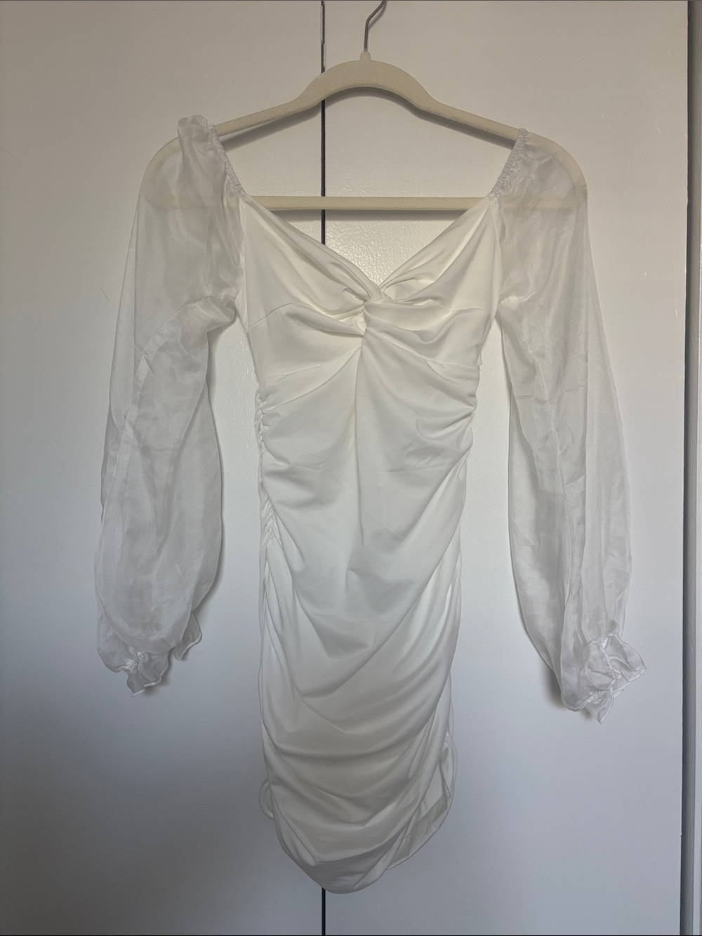 BRAND NEW White Chiffon Sheer Sleeve Ruched Mini Dress